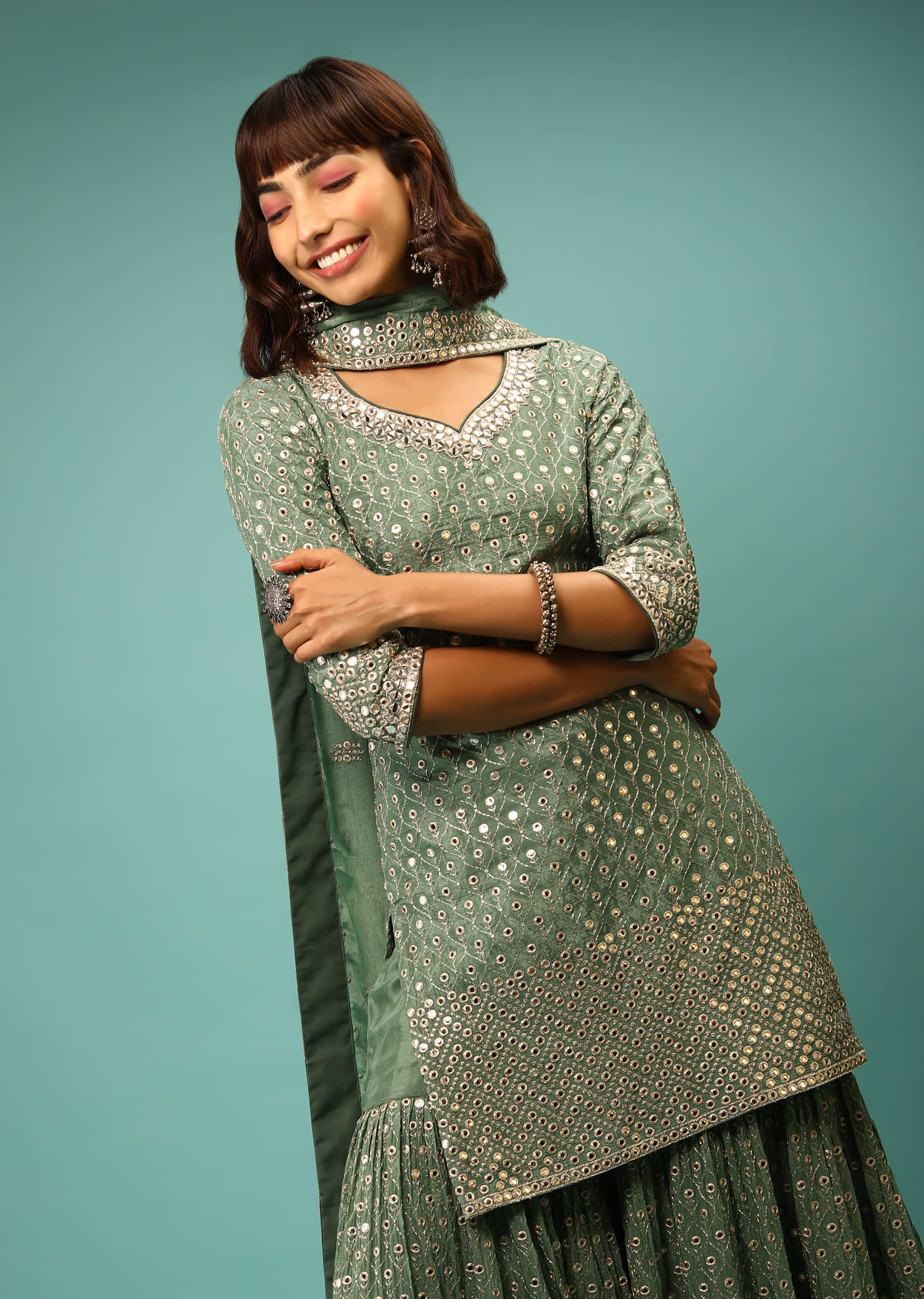 Frosty Spruce Green Sharara Suit With Zari And Mirror Abla Embroidered Moroccan Jaal 
