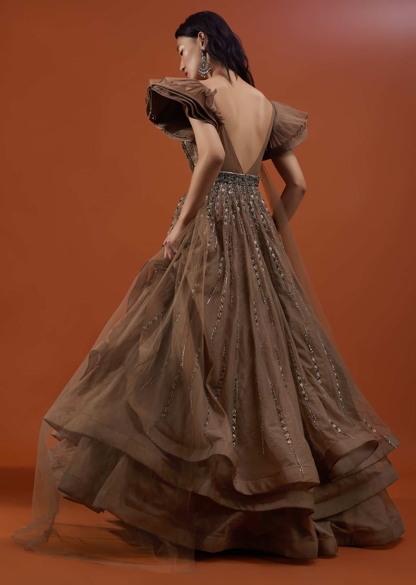 Coffee Brown Froufrou Organza Gown In With Frill Cap Sleeves - NOOR 2022