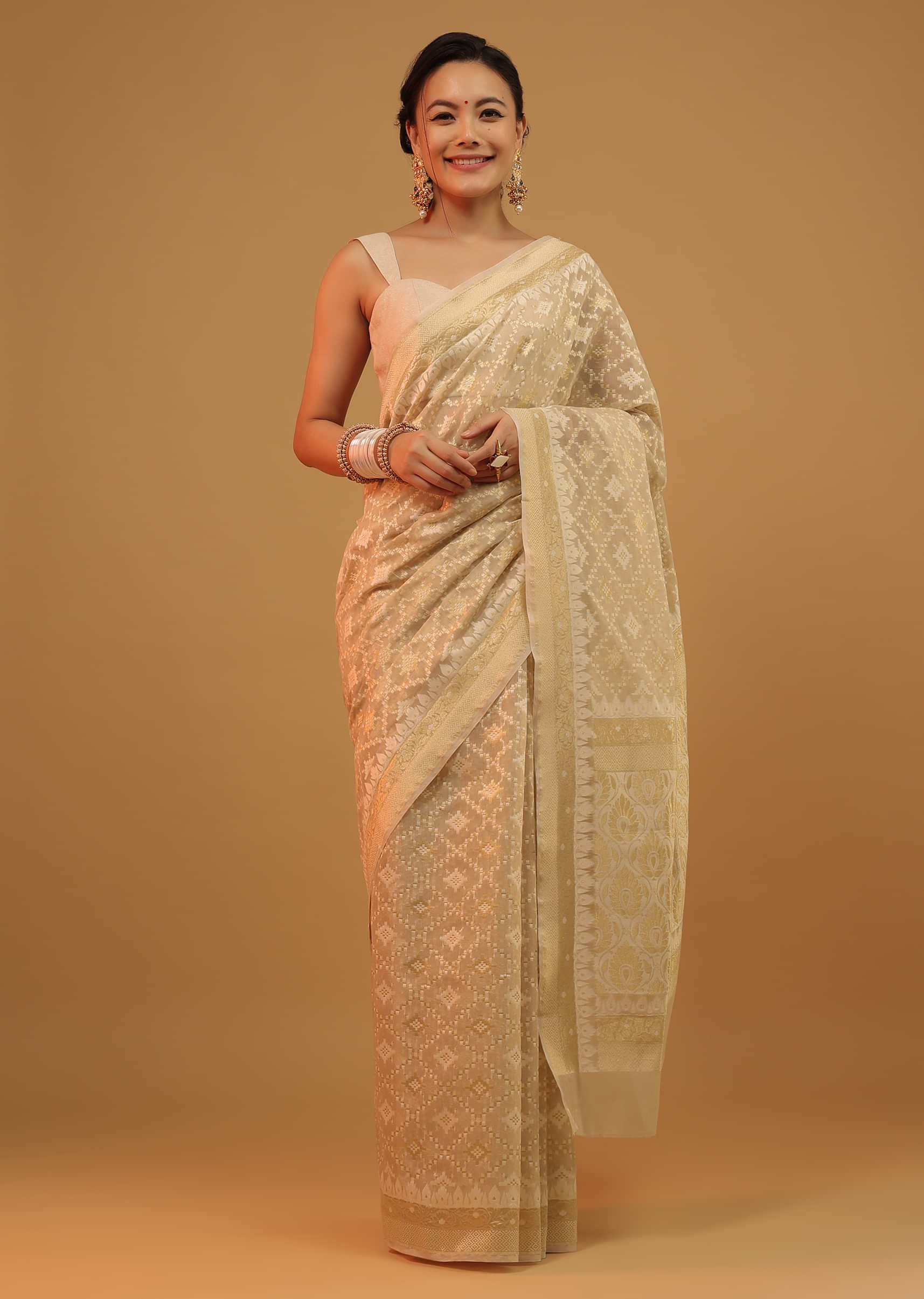 Frozen Dew Yellow Saree In Pure Handloom Cotton With Banarasi Chanderi Weave