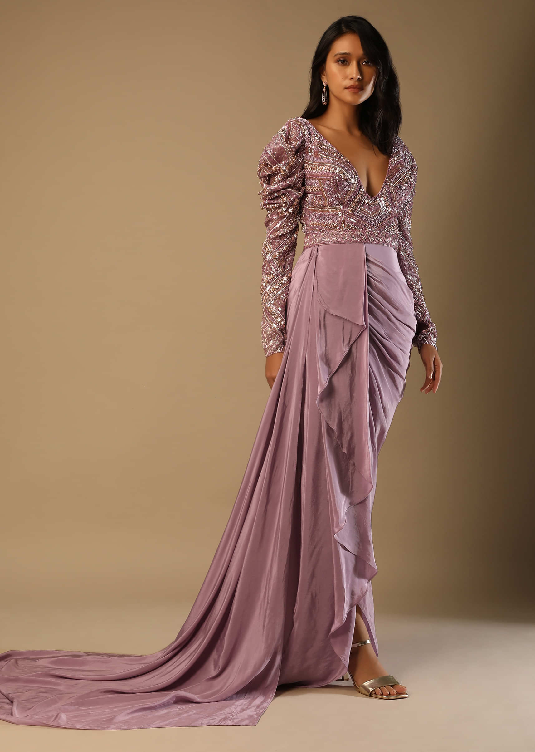 Frozen Mauve Gown In Crepe With Pleated Cowl Drape, Hand Embroidery And Side Trail  