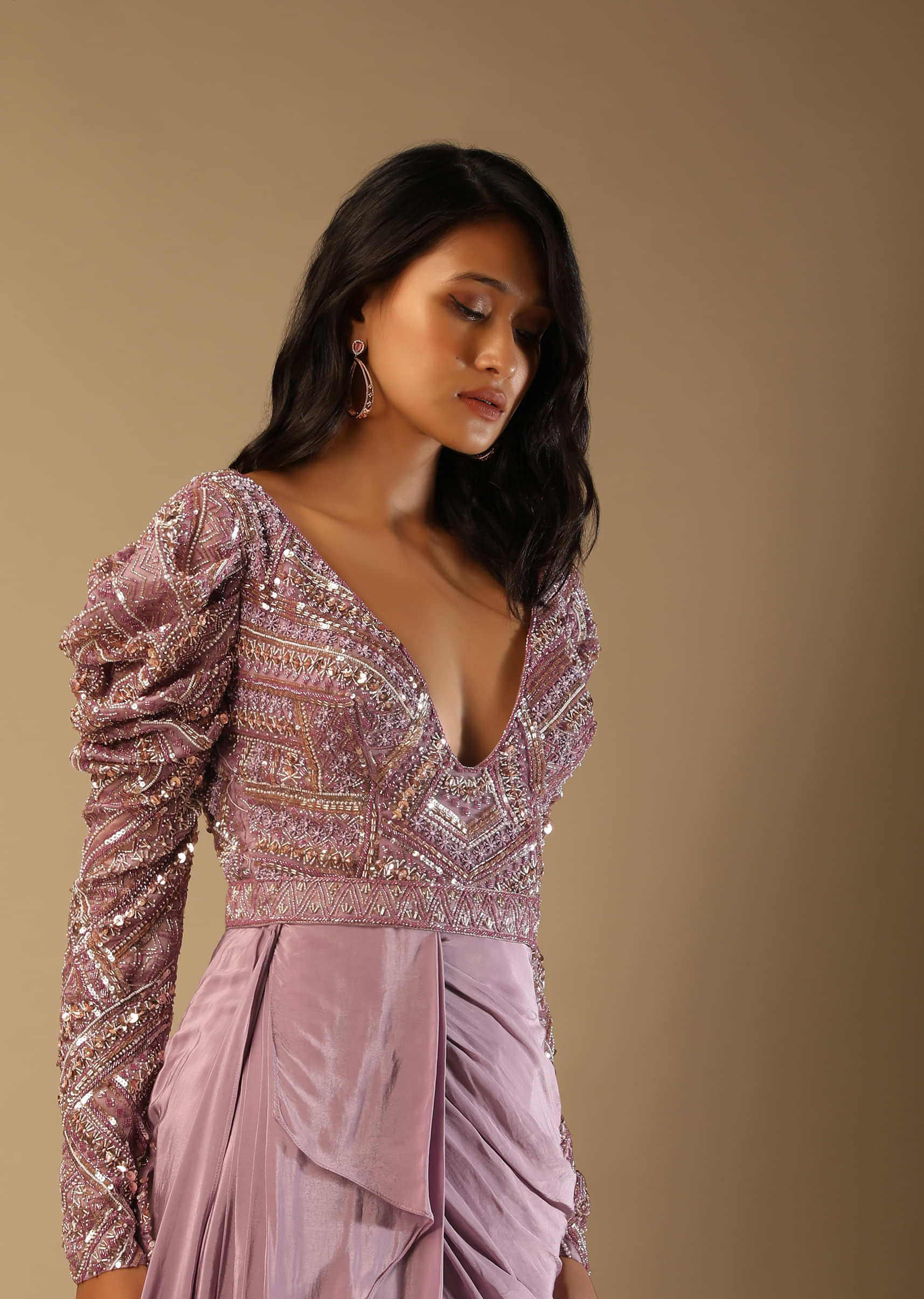 Frozen Mauve Gown In Crepe With Pleated Cowl Drape, Hand Embroidery And Side Trail  