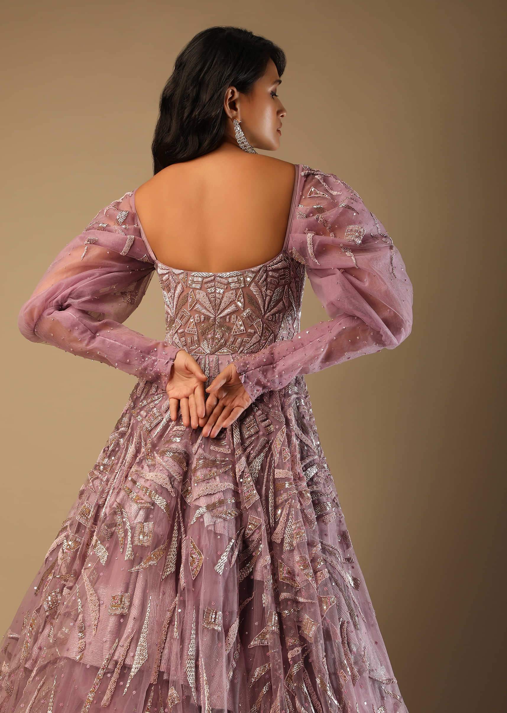 Frozen Mauve Gown In Net With Moti And Cut Dana Embroidered Geometric Motifs And Fancy Puffed Sleeves  
