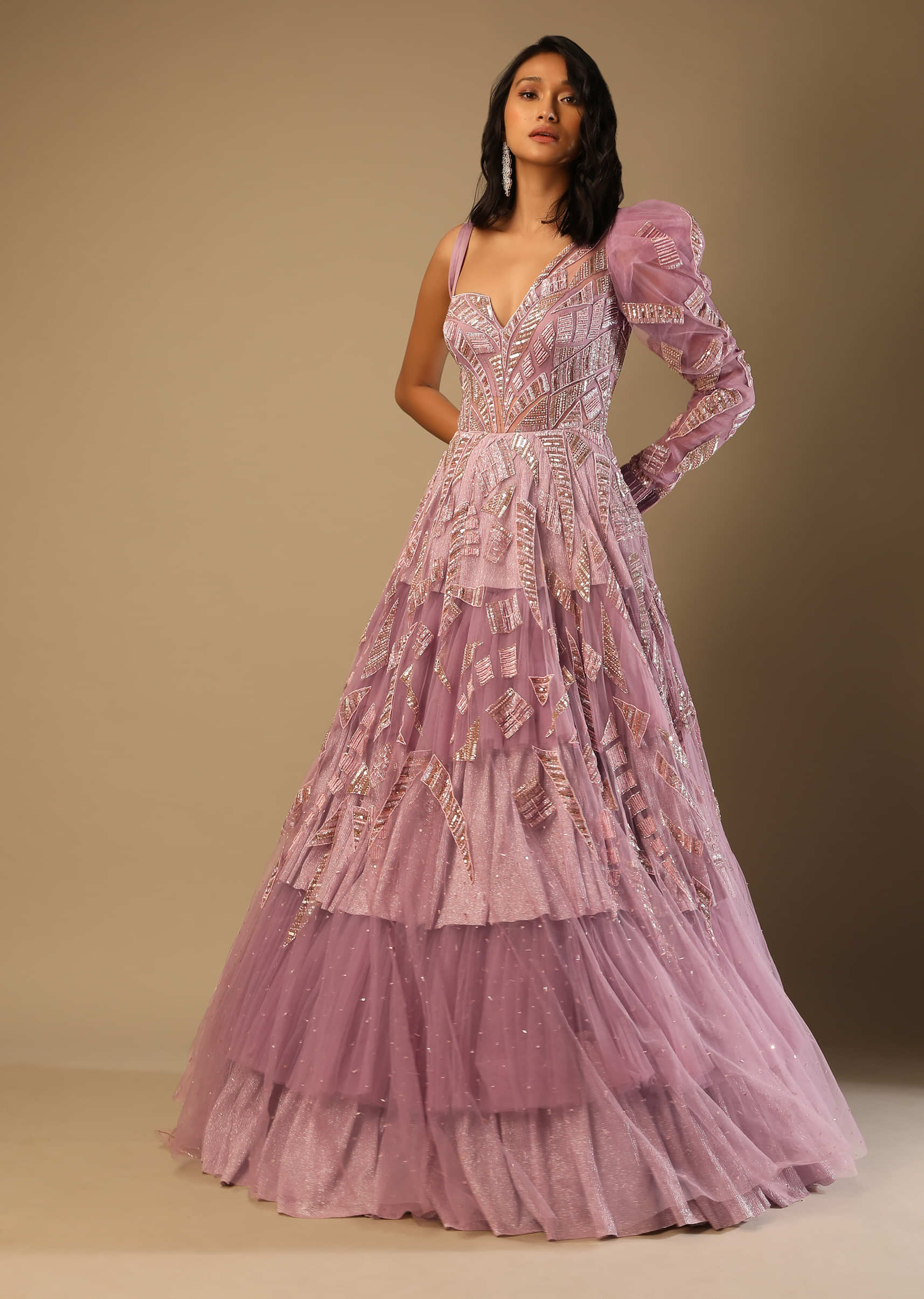 Frozen Mauve Gown With Hand Embroidery And A One Sided Fancy Puff Sleeves   