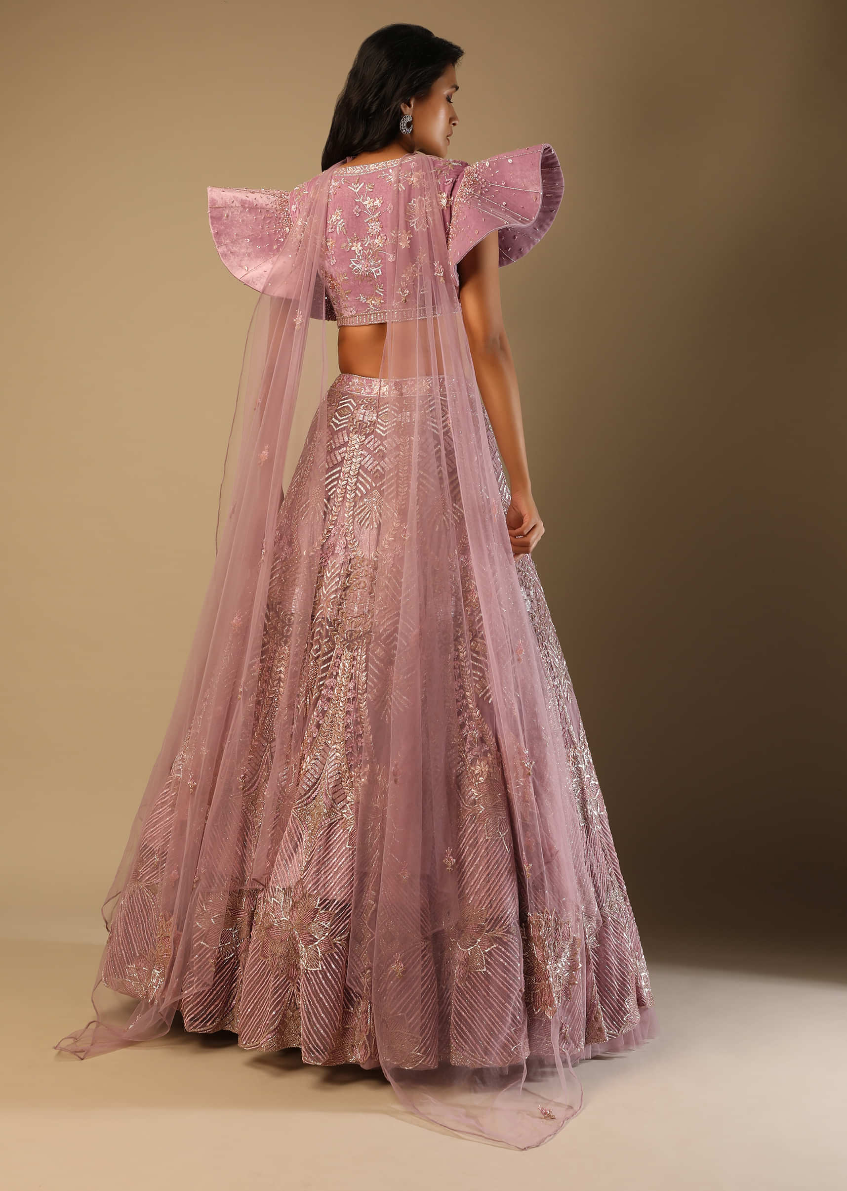 Frozen Mauve Lehenga Choli In Net With Sequins And Cut Dana Embroidered Moroccan Kalis And Fancy Sleeves 