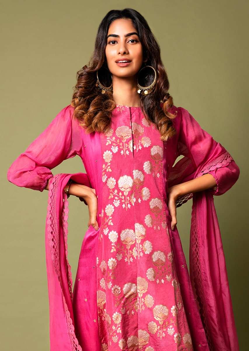 Fuchsia A Line Suit With Floral Hand Woven Banarasi On The Centre Kali And Cheeta Embroidery  