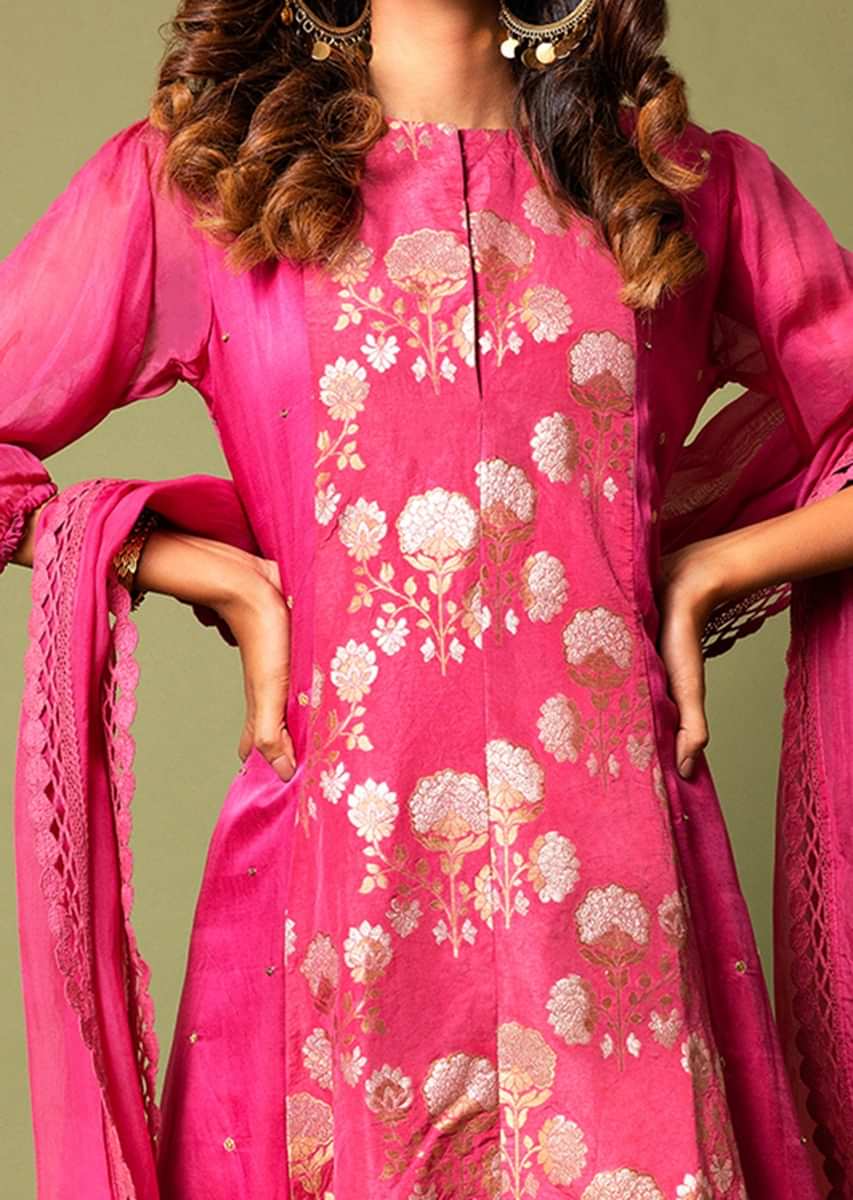 Fuchsia A Line Suit With Floral Hand Woven Banarasi On The Centre Kali And Cheeta Embroidery  