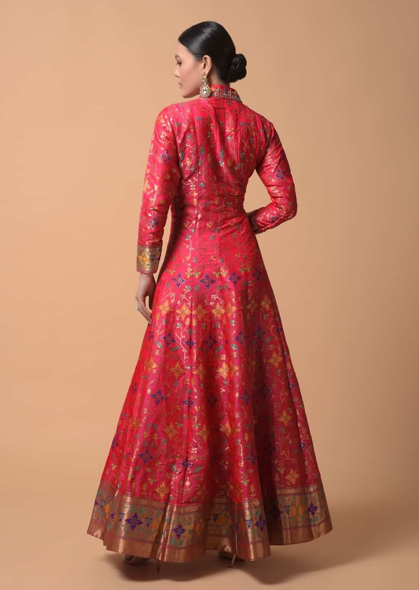 Fuchsia Anarkali Suit In Silk With Woven Patola Design And Orange Banarasi Dupatta  