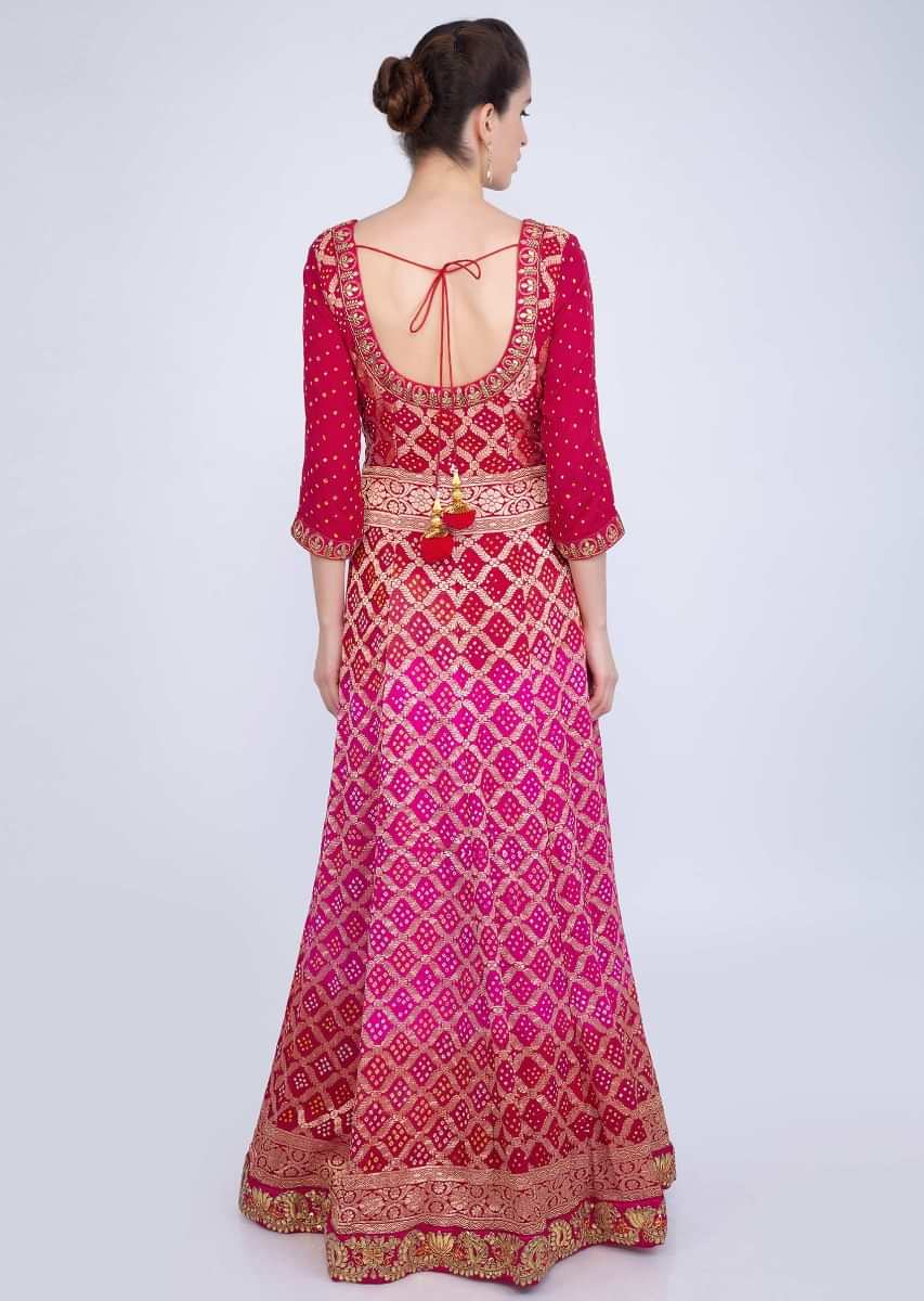 Fuchsia pink and red shaded bandhani printed anarkali suit only on kalki