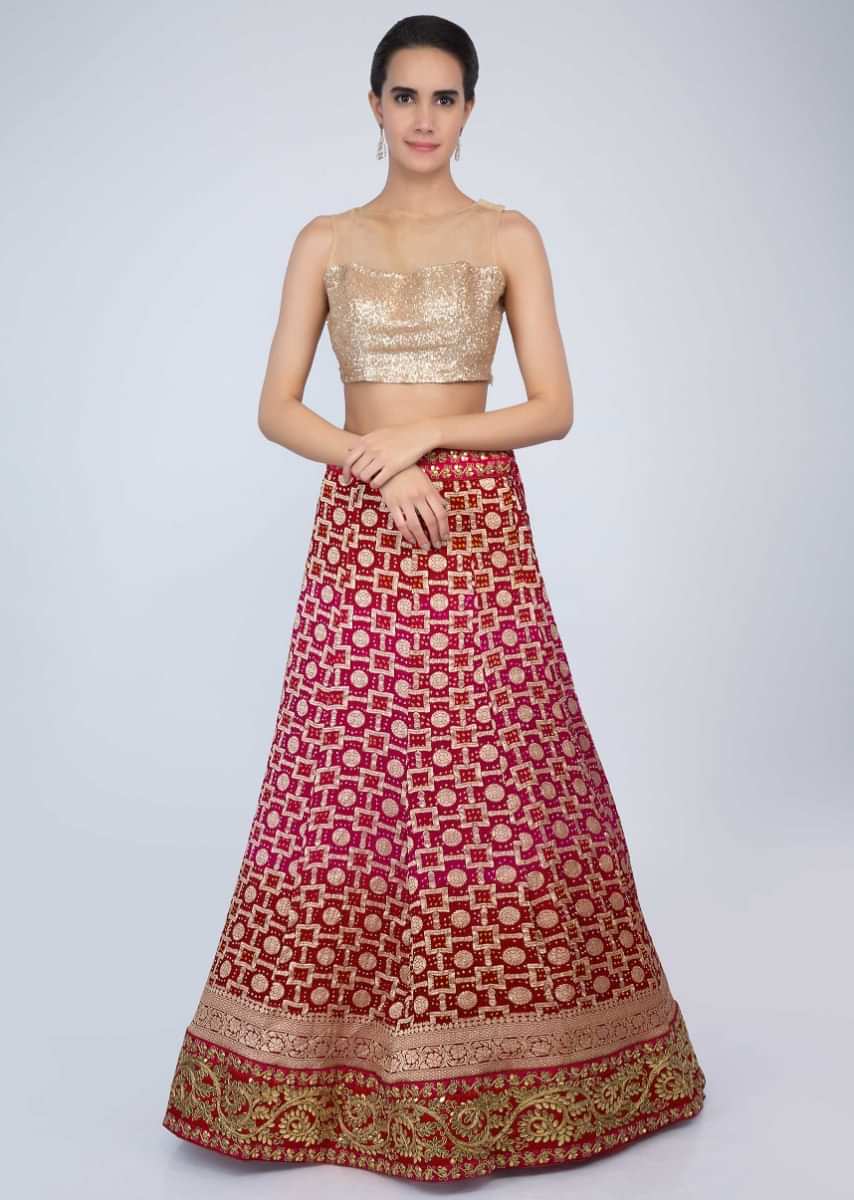 Fuchsia Pink And Red Shaded Lehenga With Bandhani Print And Red Brocade Dupatta Online - Kalki Fashion