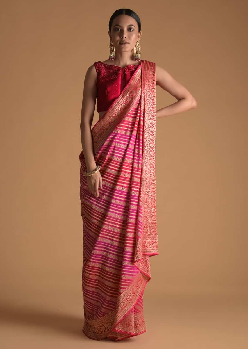 Fuchsia Pink And Red Shaded khaddi Georgette Saree With Weaved Work  