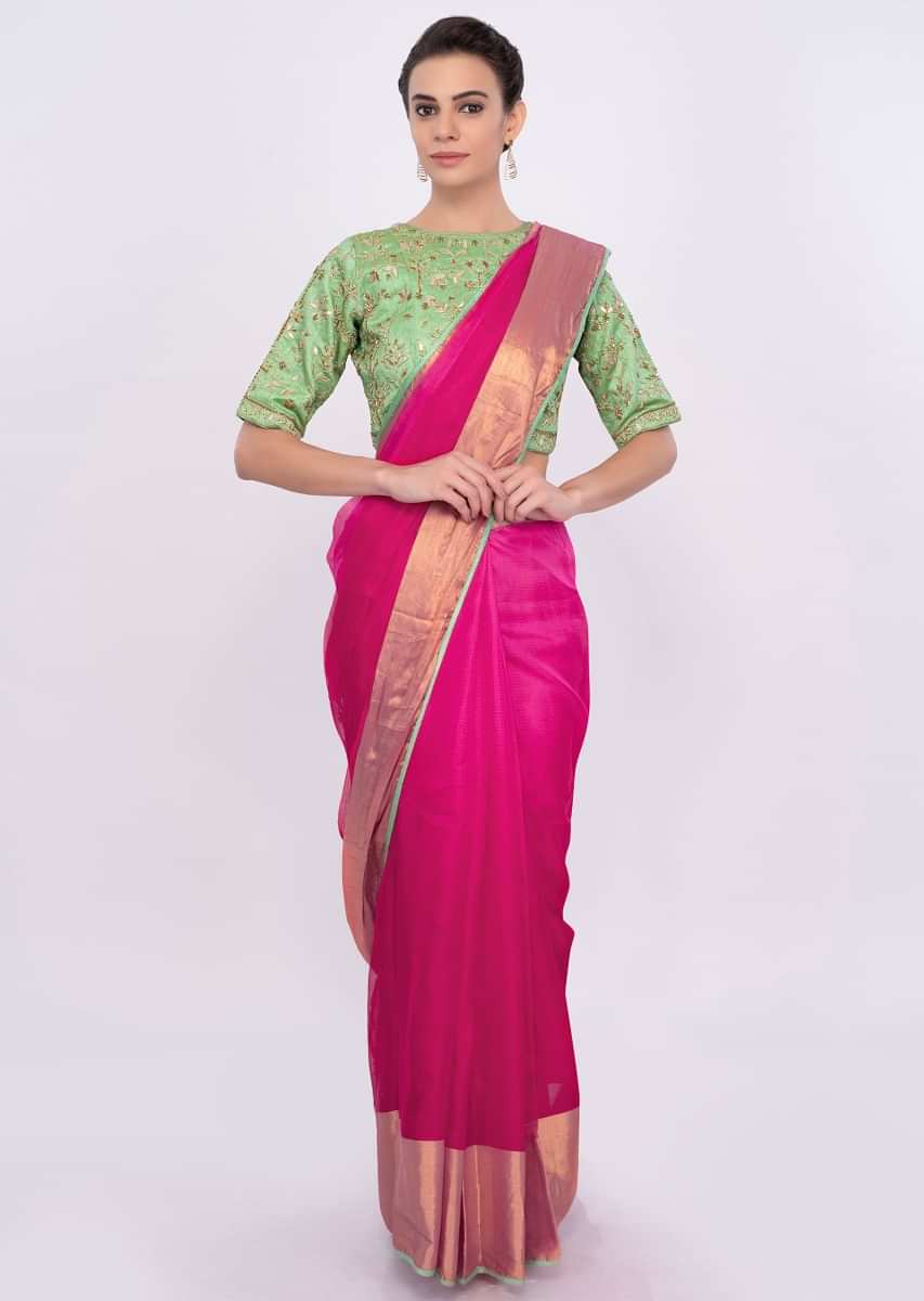 Fuchsia Pink Saree In Chanderi Silk With Golden Border Online - Kalki Fashion