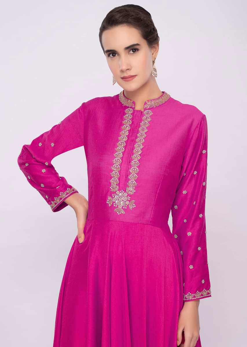 Fuchsia Pink Anarkali Dress In Cotton Silk Online - Kalki Fashion