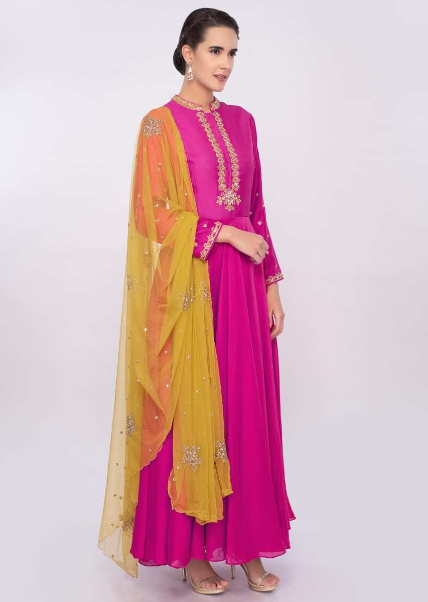 Fuchsia Pink Anarkali Dress In Cotton Silk Online - Kalki Fashion