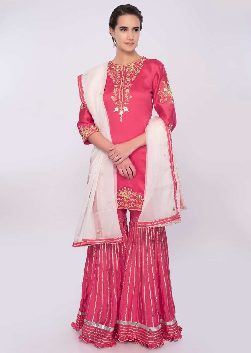 Fuchsia Pink Sharara Suit Set In Cotton Silk Online - Kalki Fashion
