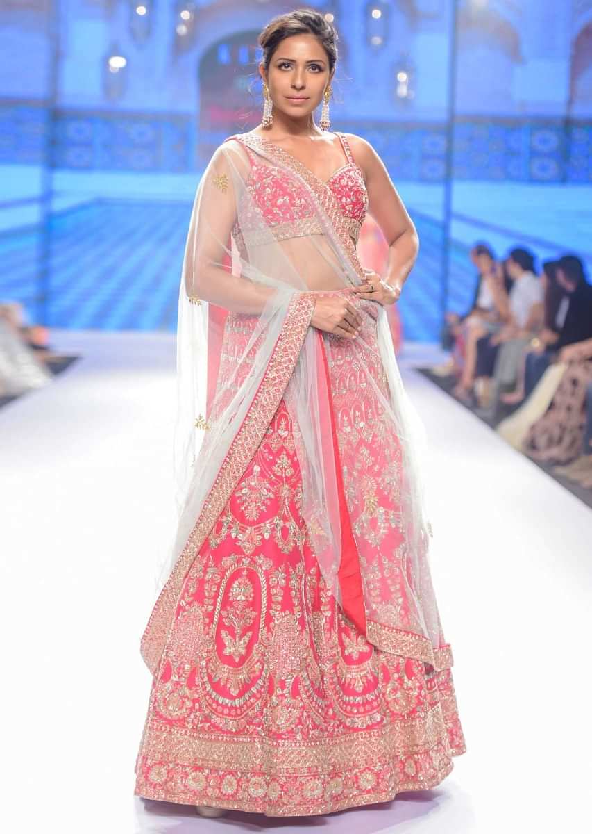 Fuchsia Pink Lehenga Choli Set In Embroidered Raw Silk With Mint Green Net Dupatta Online - Kalki Fashion