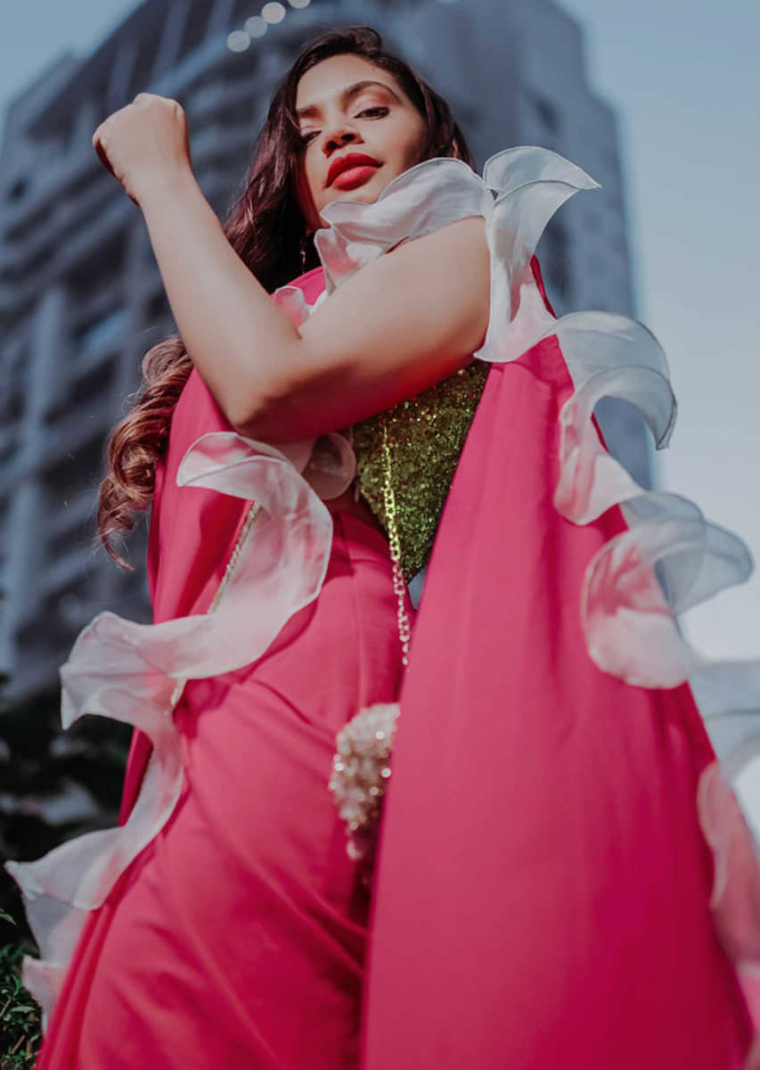 Fuchsia Pink Ready Pleated Saree In Georgette With Ruffled Organza Border Online - Kalki Fashion