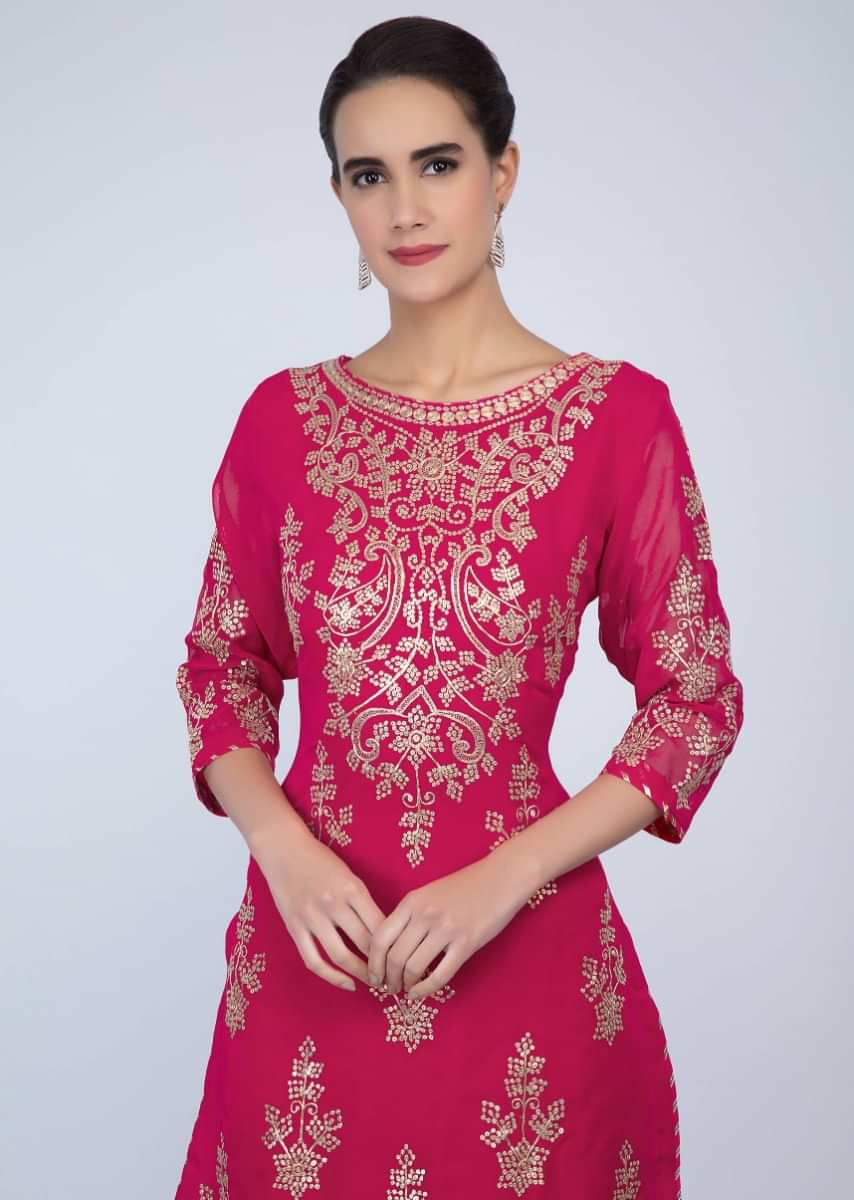Fuchsia Pink Sharara Suit In Georgette With Flat Zari Embroidery And Butti Online - Kalki Fashion
