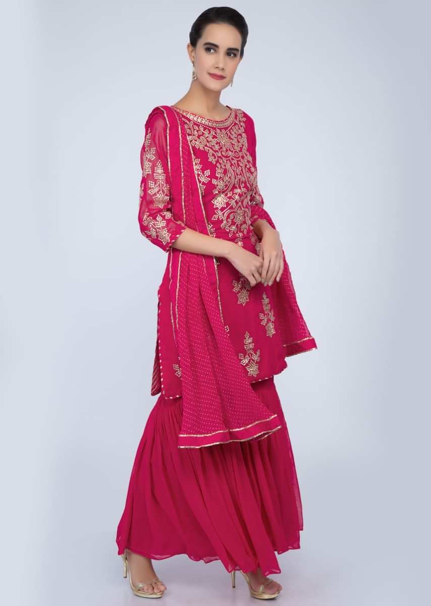 Fuchsia Pink Sharara Suit In Georgette With Flat Zari Embroidery And Butti Online - Kalki Fashion