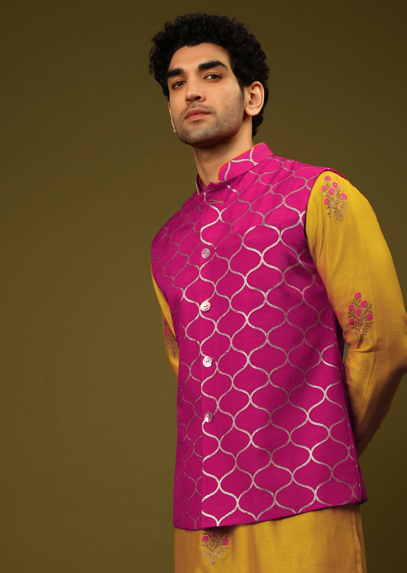 Fuchsia Pink Nehru Jacket In Raw Silk With Woven Moroccan Jaal And Yellow Printed Kurta Set  