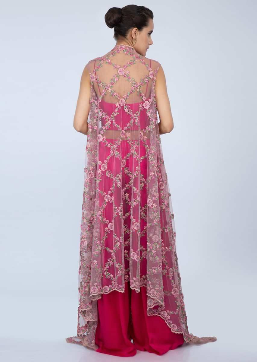 Fuchsia Pink Palazzo And Corset Top With Powder Pink Floral Embroidered Net Jacket Online - Kalki Fashion