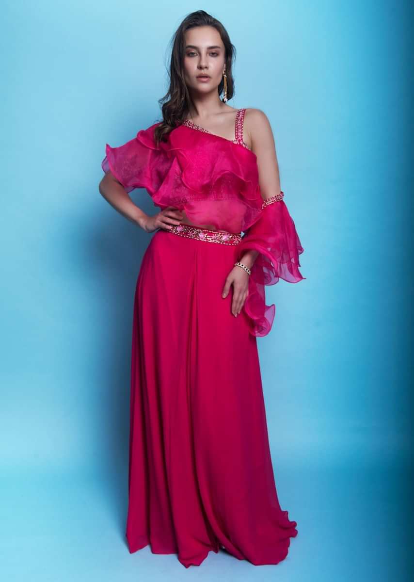 Fuchsia Pink Palazzo And Embroidered Crop Top With Organza Ruffled Dupatta Online - Kalki Fashion