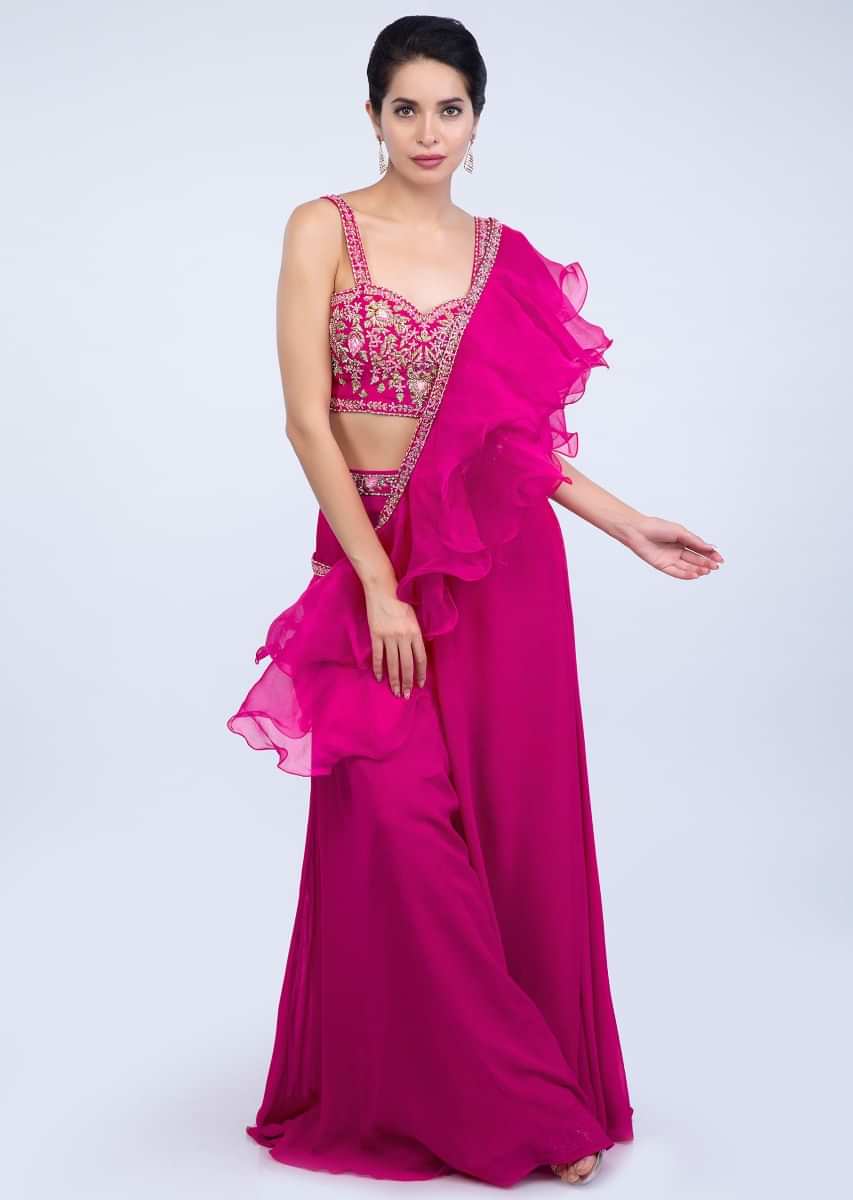 Fuchsia Pink Palazzo And Embroidered Crop Top With Organza Ruffled Dupatta Online - Kalki Fashion