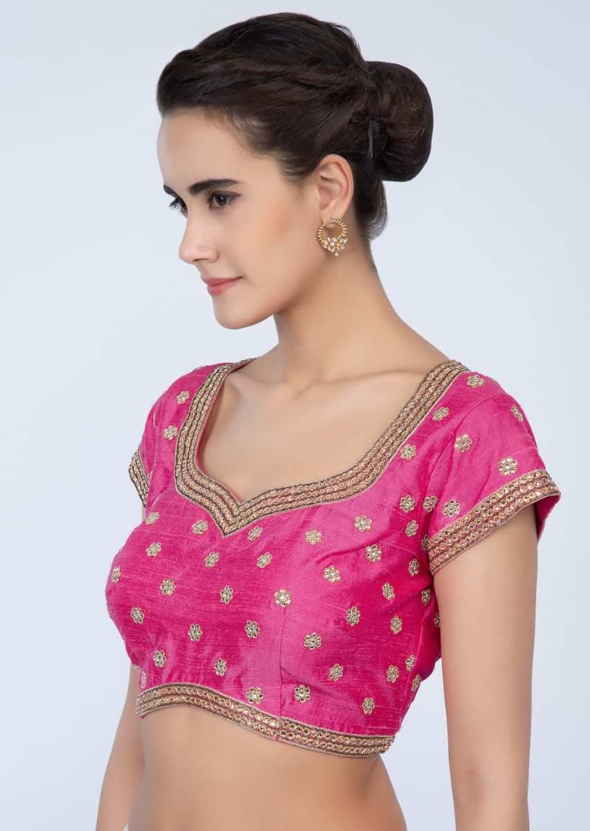 Fuchsia pink raw silk blouse with embroidery and butti only on Kalki