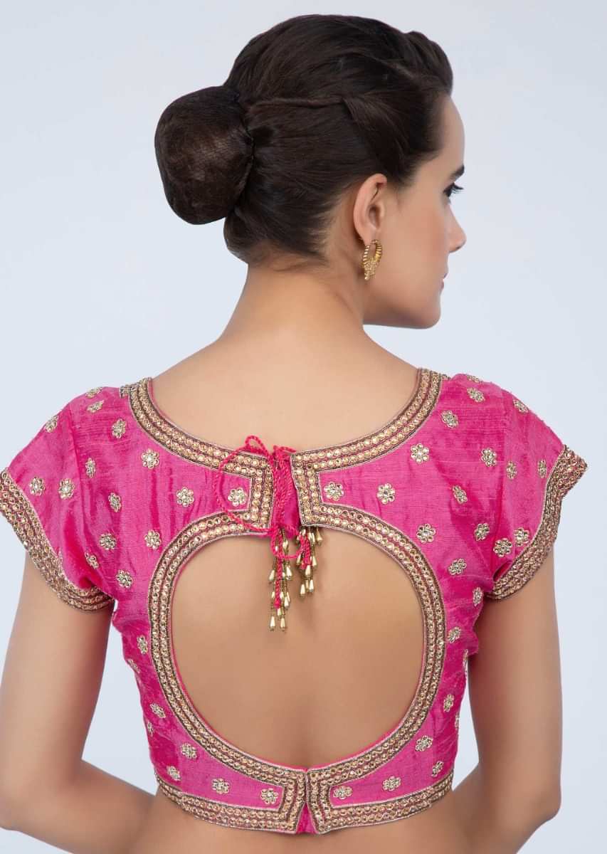 Fuchsia pink raw silk blouse with embroidery and butti only on Kalki