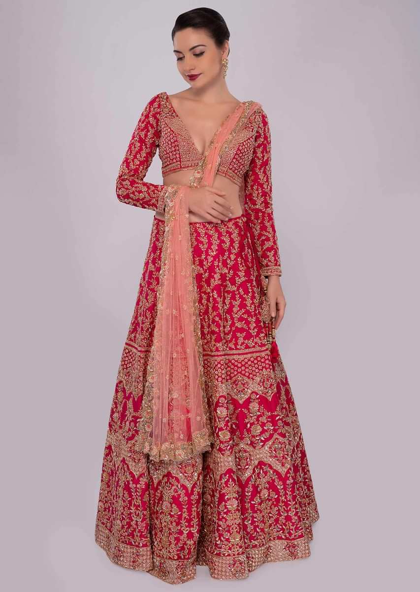 Fuchsia pink raw silk lehenga set in temple and floral embroidery 