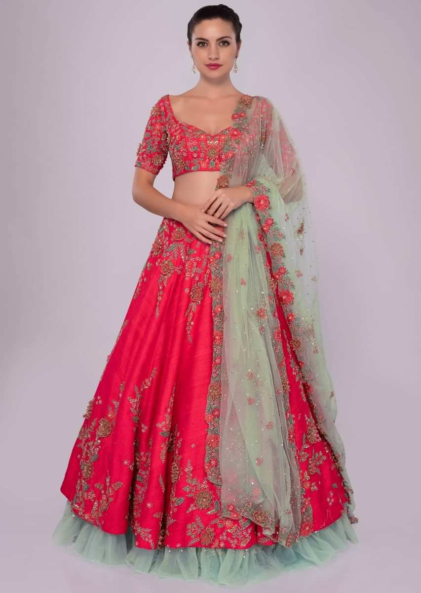 Fuchsia pink raw silk lehenga set  with 3D floral embroidery