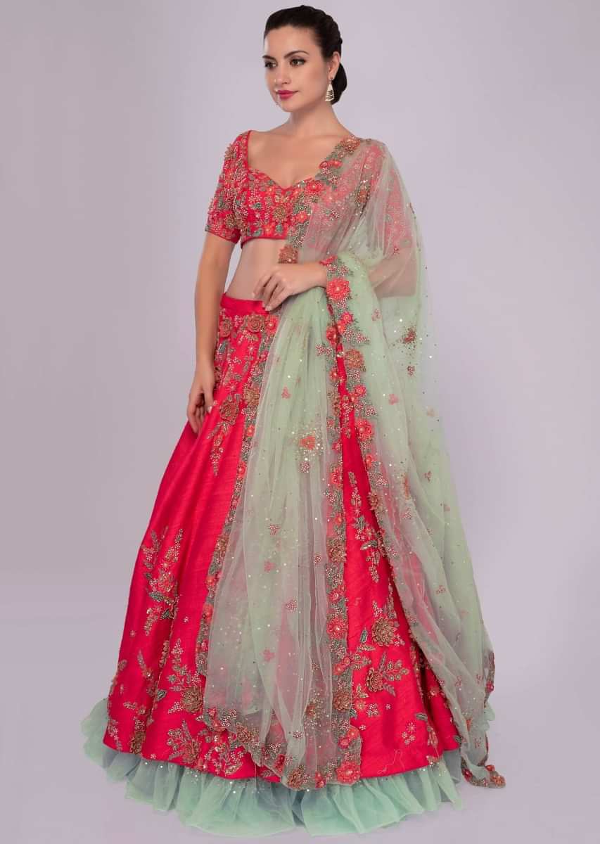 Fuchsia pink raw silk lehenga set  with 3D floral embroidery