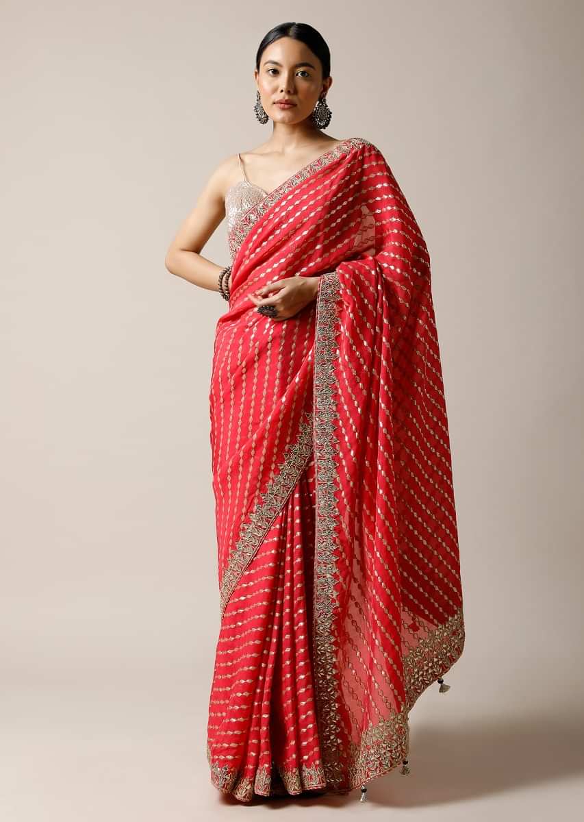 Buy Fuchsia Pink Saree In Brocade Silk With Woven Stripes And Gotta ...