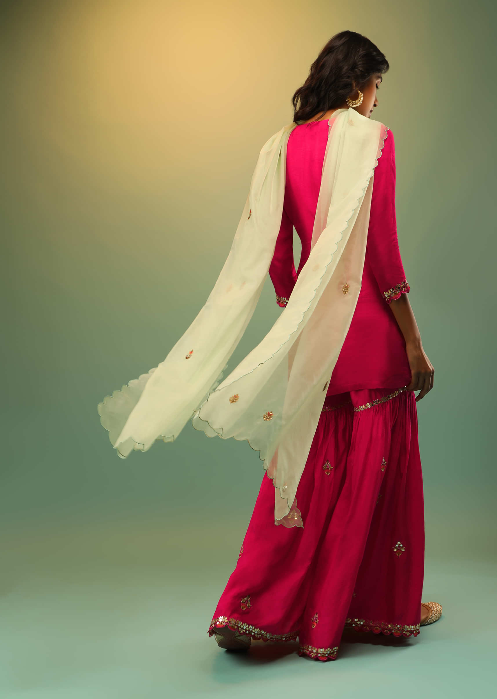 Fuchsia Pink Sharara Suit In Cotton Silk With Multi Colored Resham And Mirror Embroidered Floral Design  