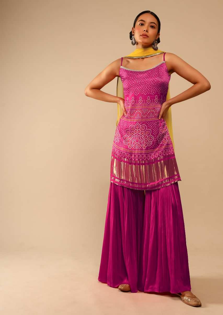 Fuchsia Pink Sharara Suit In Satin Blend With Bandhani Print And Brocade Border Design