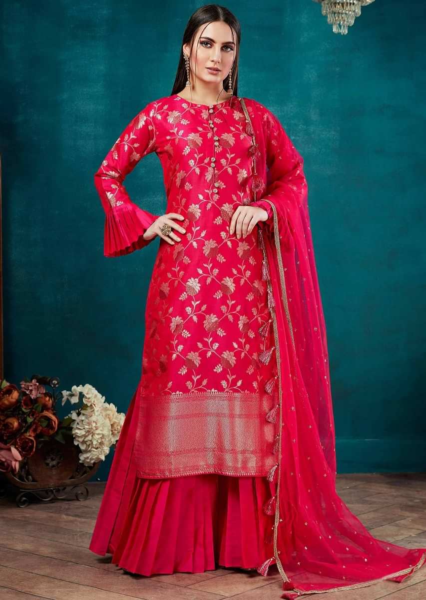Fuchsia Pink Sharara Suit In Silk With Weaved Floral Jaal