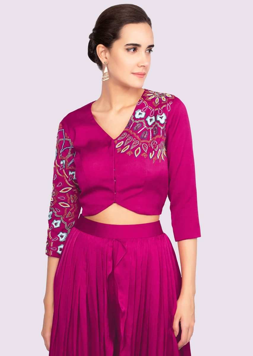 Buy Fuchsia Pink Layered Palazzo In Crepe With Matching Crop Top Online ...