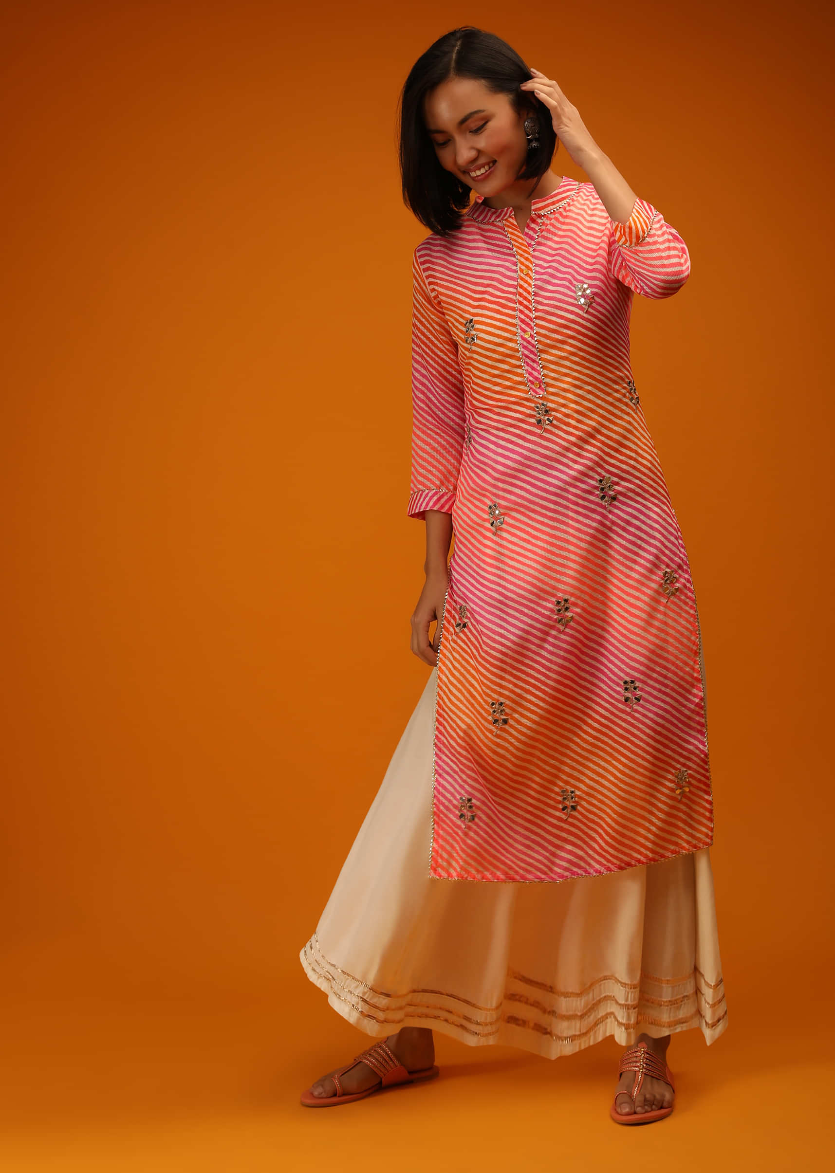 Fuchsia And Orange Kurta Set With Lehariya Print, Mirror Abla Work And Off White Long Dress Online - Re By Kalki