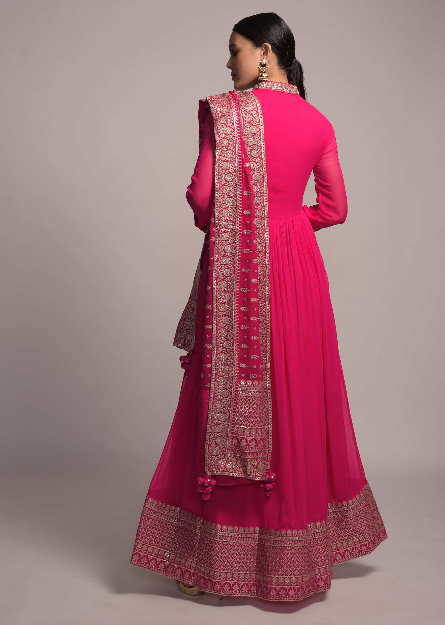 Fuchsia Pink Anarkali Suit In Georgette With Zardozi And Zari Embroidery Work  