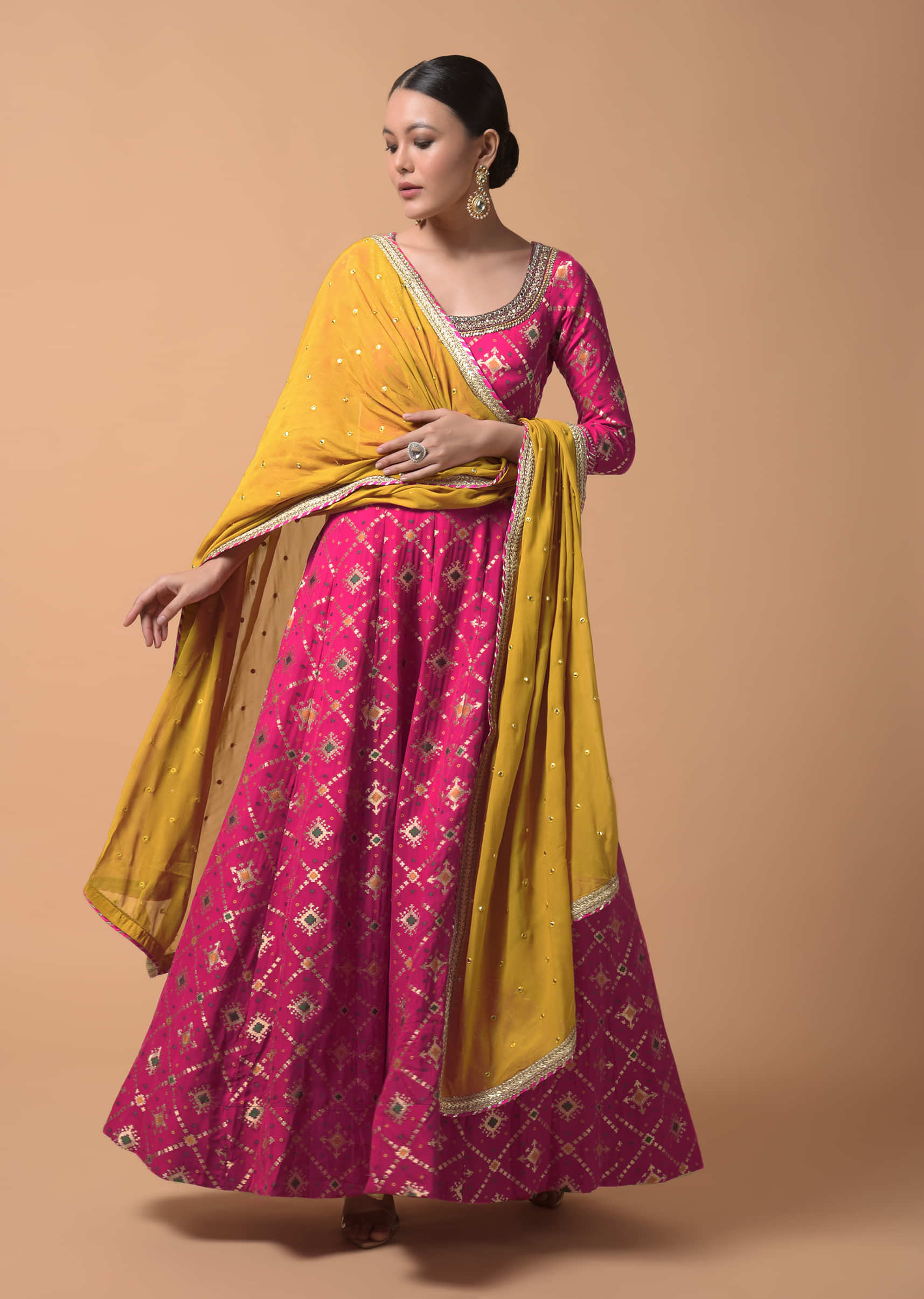 Fuchsia Pink Anarkali Suit In Silk With Woven Patola Design And Abla Embroidered Neckline  