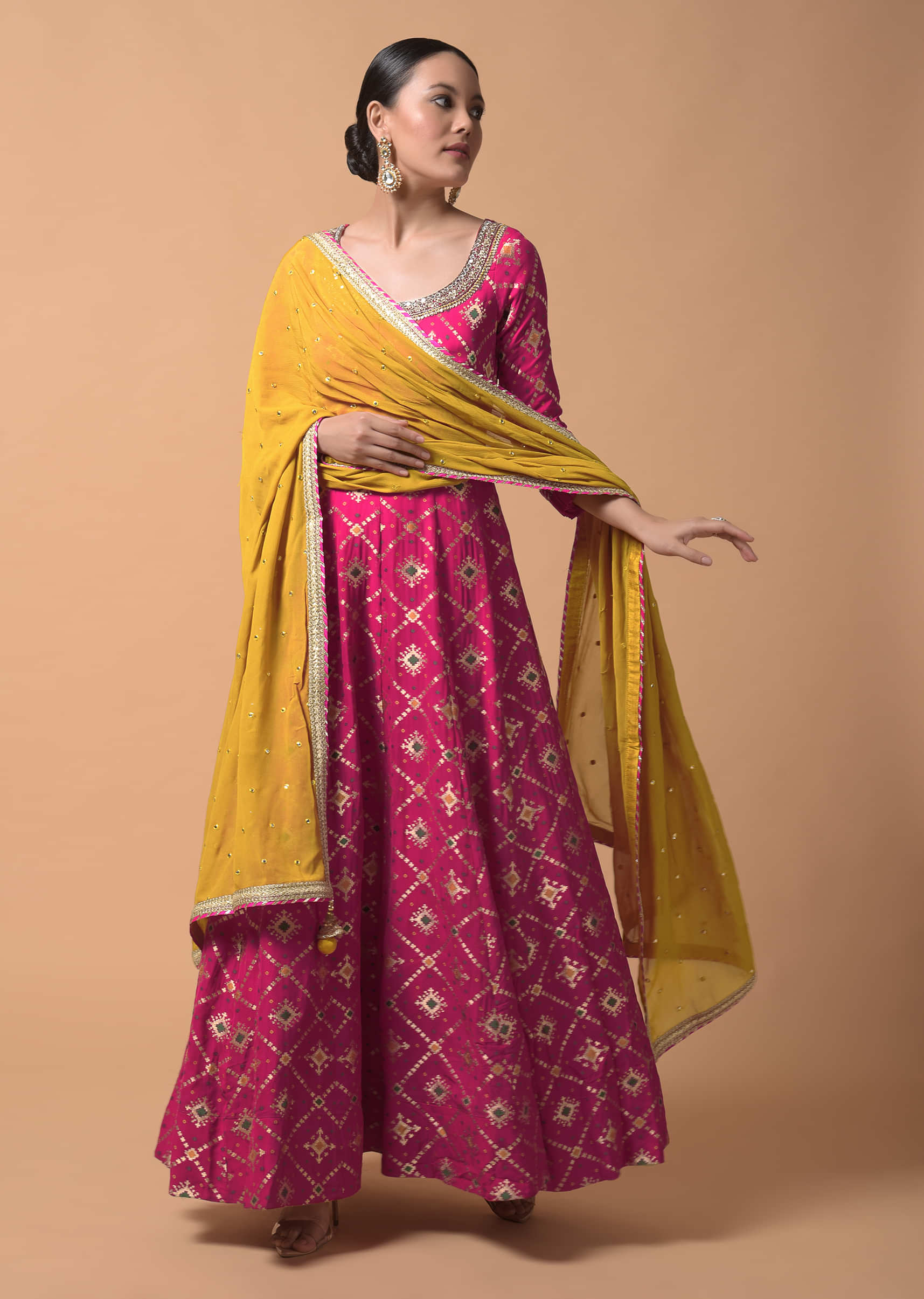 Fuchsia Pink Anarkali Suit In Silk With Woven Patola Design And Abla Embroidered Neckline  
