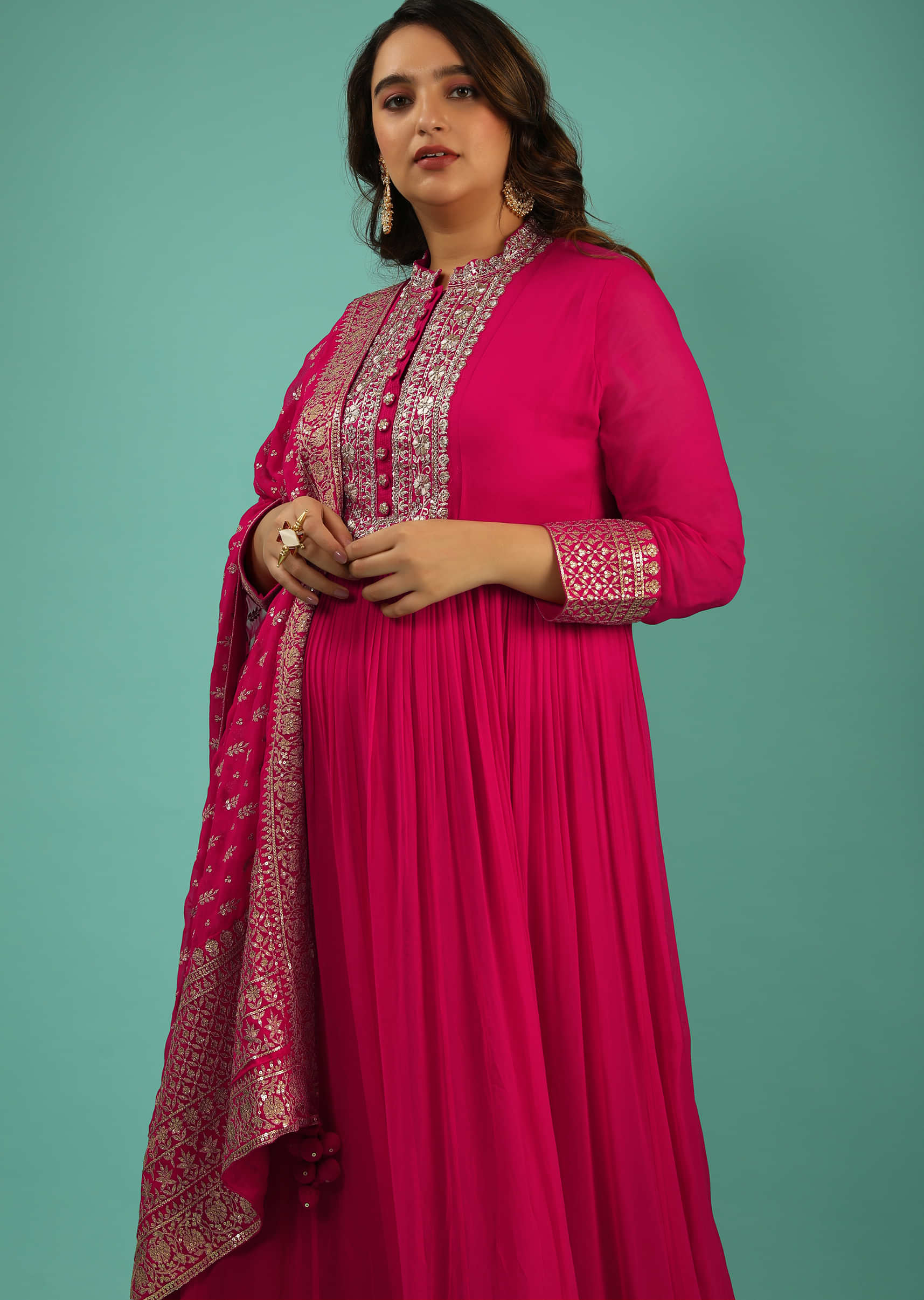 Buy Fuchsia Pink Georgette Anarkali Suit With Zari Embroidery And Zardozi  Work Online - Kalki Fashion