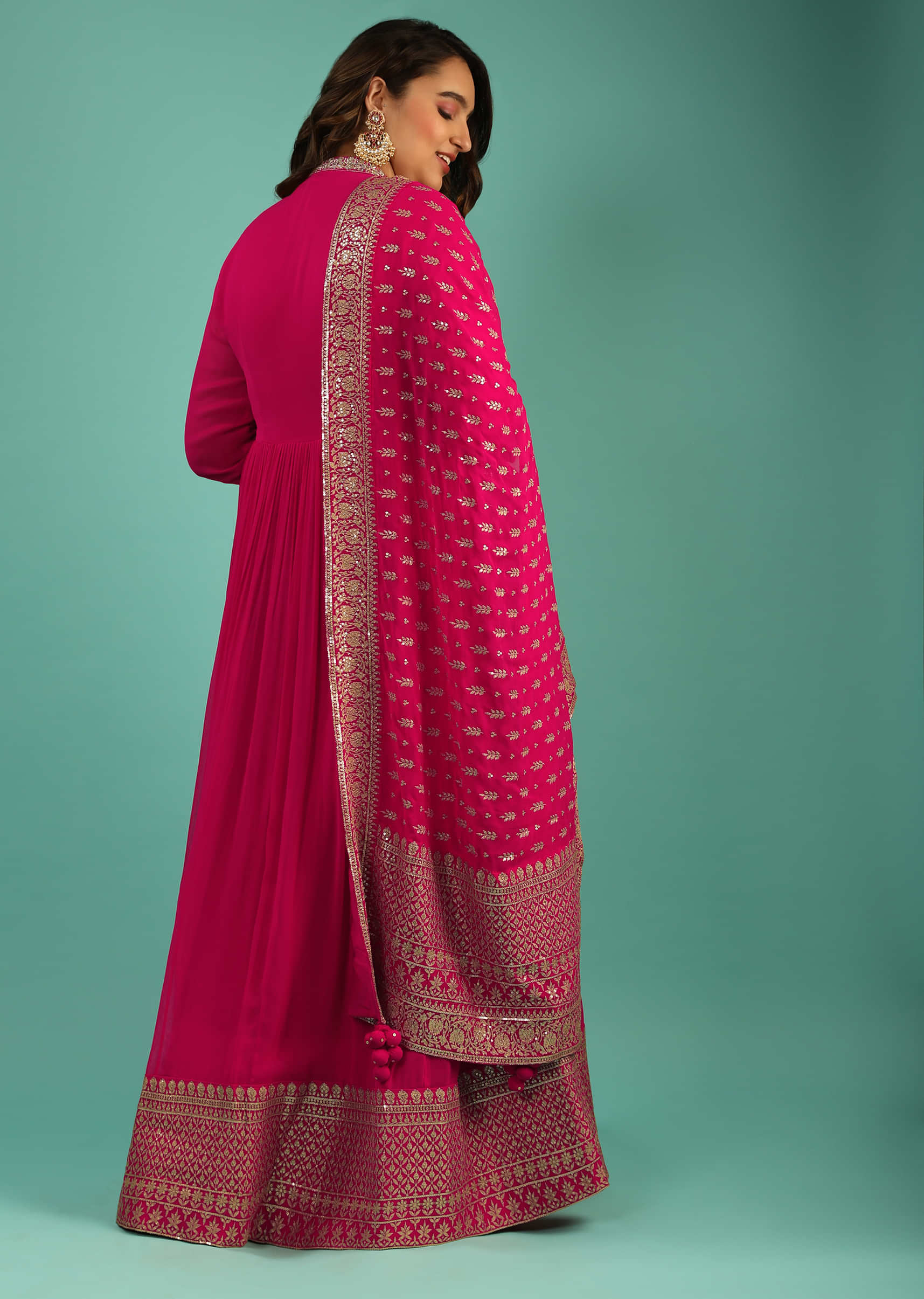 Fuchsia Pink Georgette Anarkali Suit With Zari Embroidery And Zardozi Work