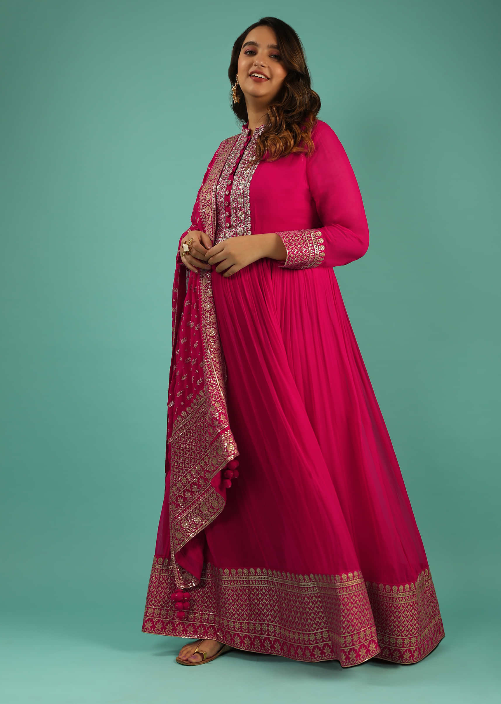 Fuchsia Pink Georgette Anarkali Suit With Zari Embroidery And Zardozi Work
