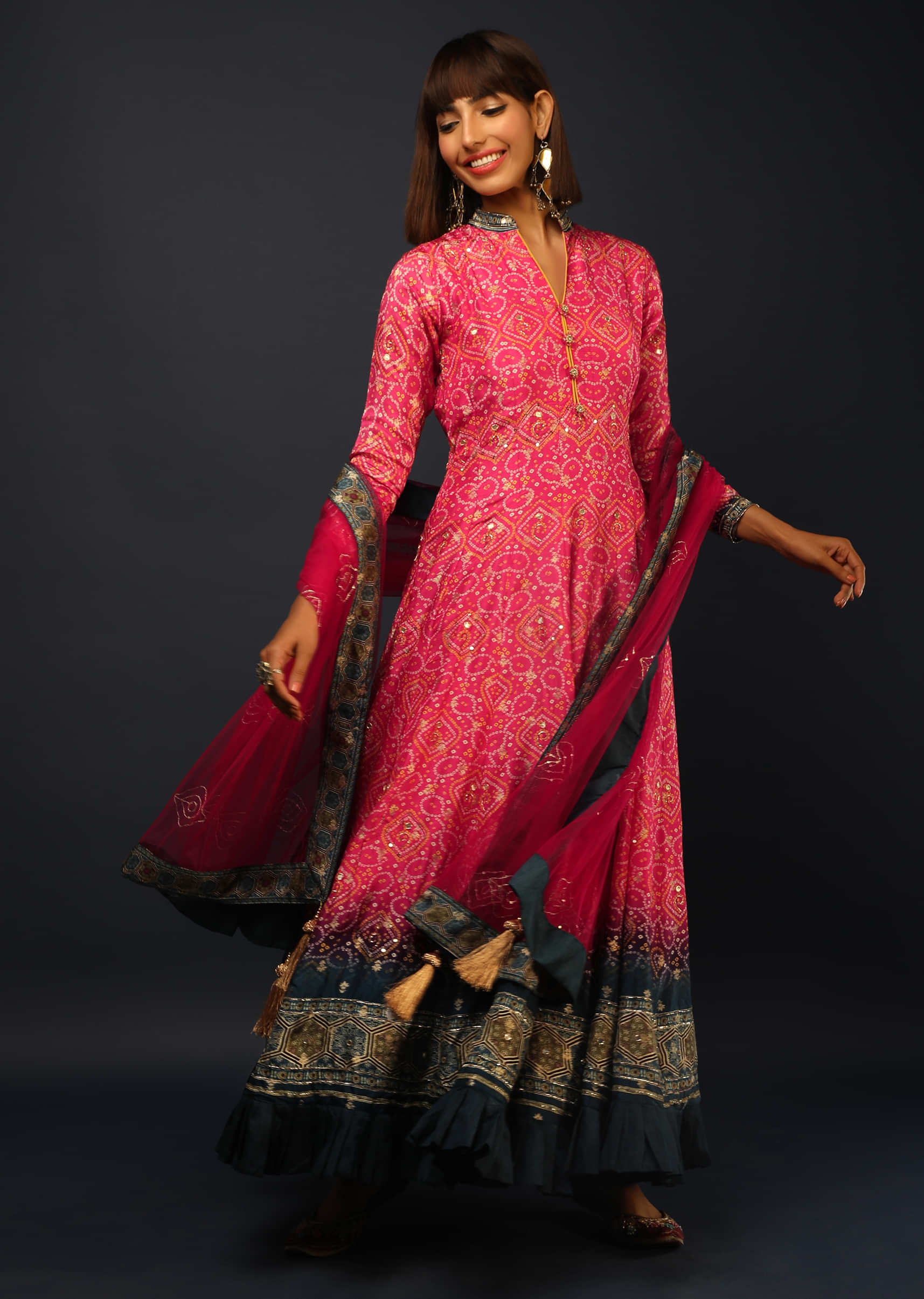 Fuchsia Pink And Navy Blue Shaded Anarkali Suit In Brocade Silk With Bandhani Print All Over  