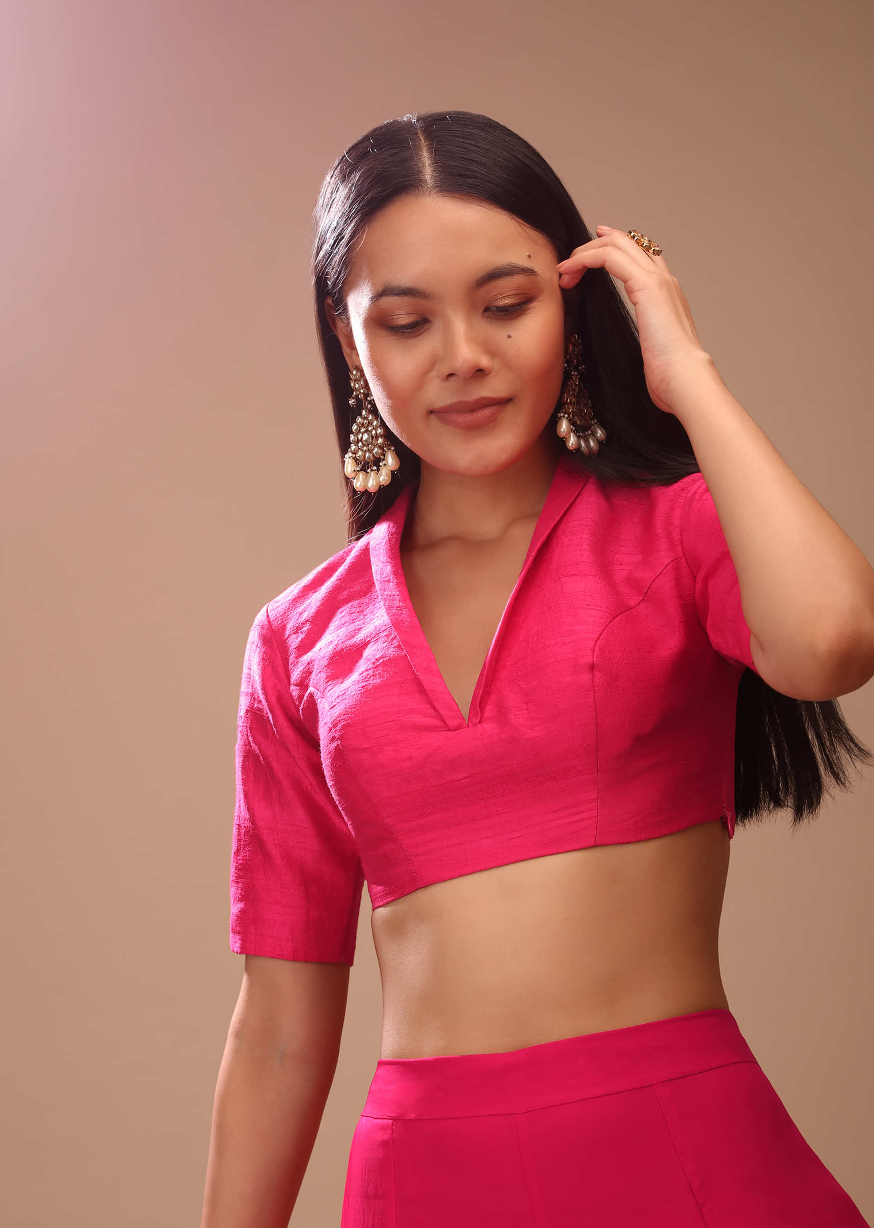 Fuchsia Pink Blouse In Raw Silk With Plunging Collar Neckline And Half Sleeves
