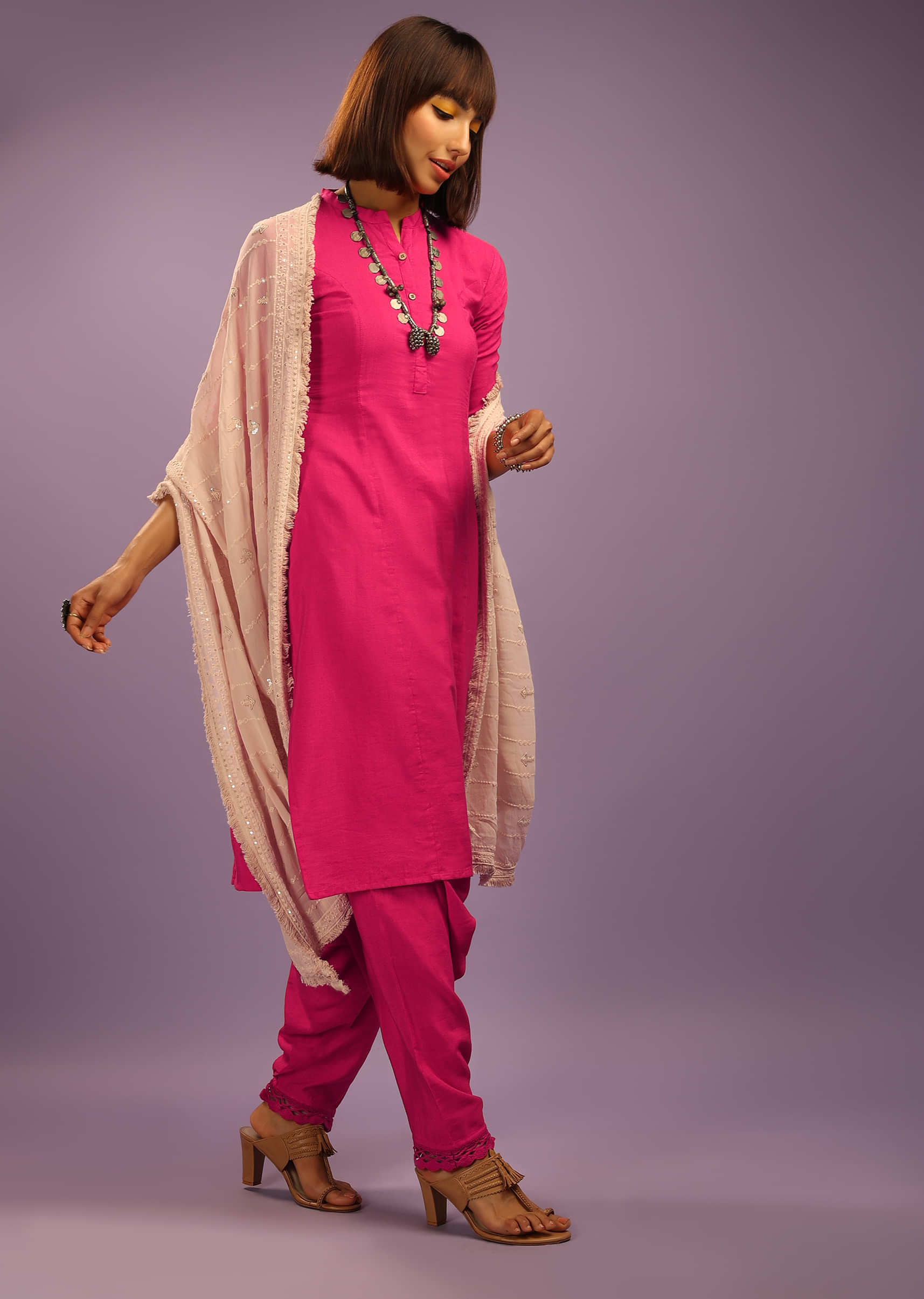 Fuchsia Pink Cowl Dhoti Suit In Khadi Cotton With Pastel Pink Lucknowi Dupatta  