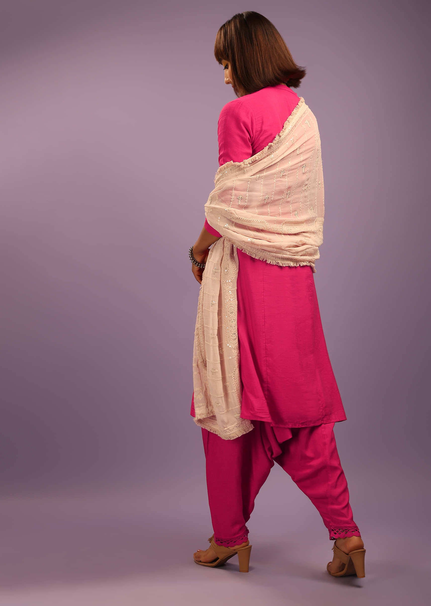 Fuchsia Pink Cowl Dhoti Suit In Khadi Cotton With Pastel Pink Lucknowi Dupatta  