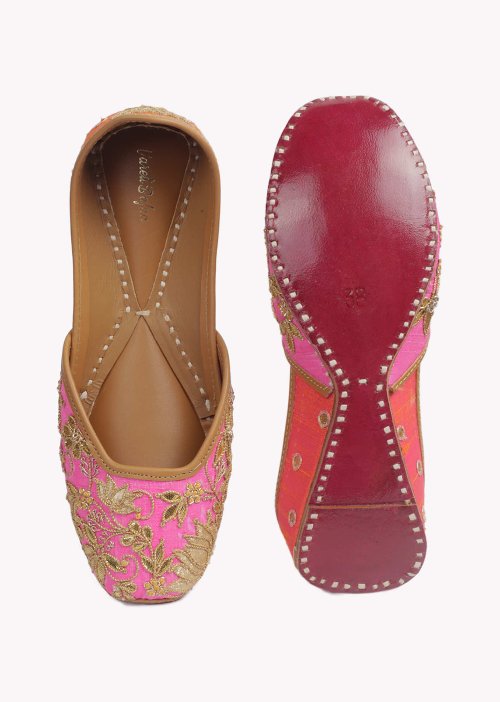 Fuchsia Pink Juttis In Leather With With Gotta Embroidered Jaal And Dori Work By Vareli Bafna