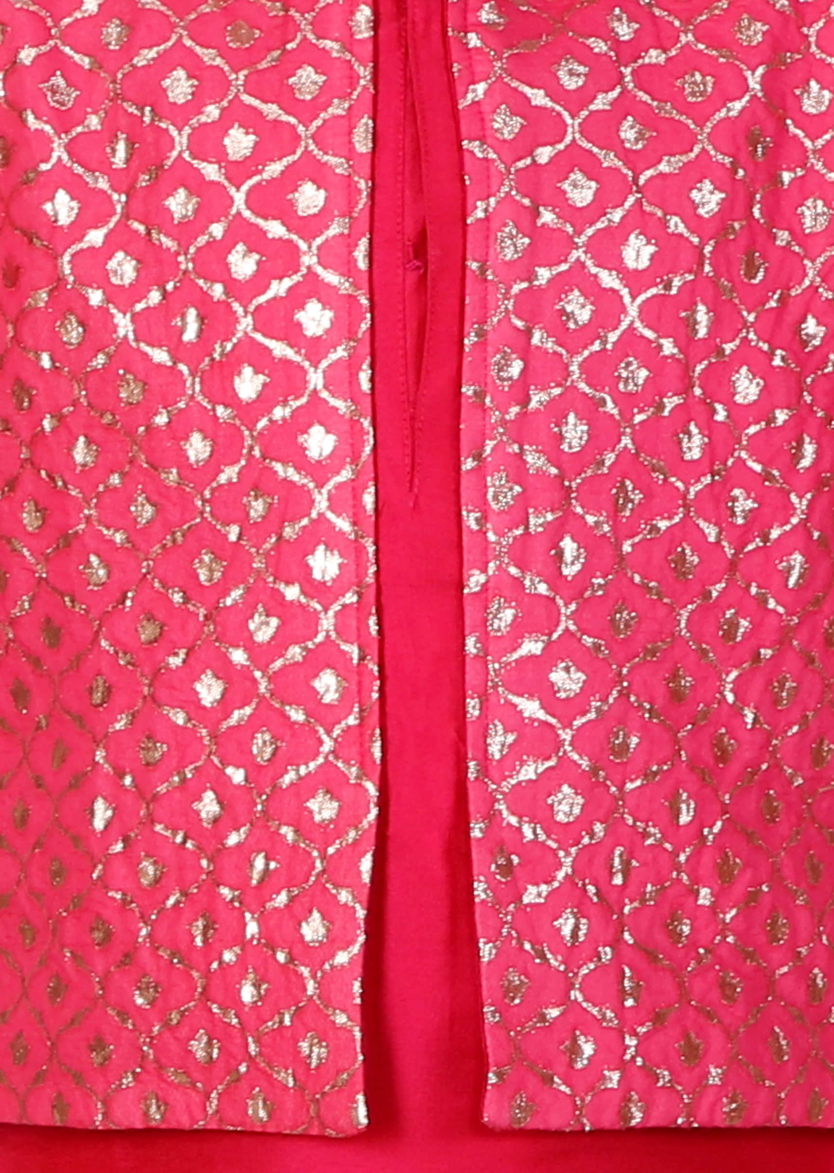 Kalki Boys Fuchsia Pink Kurta Set With Attached Jacket Featuring Zari Weave 