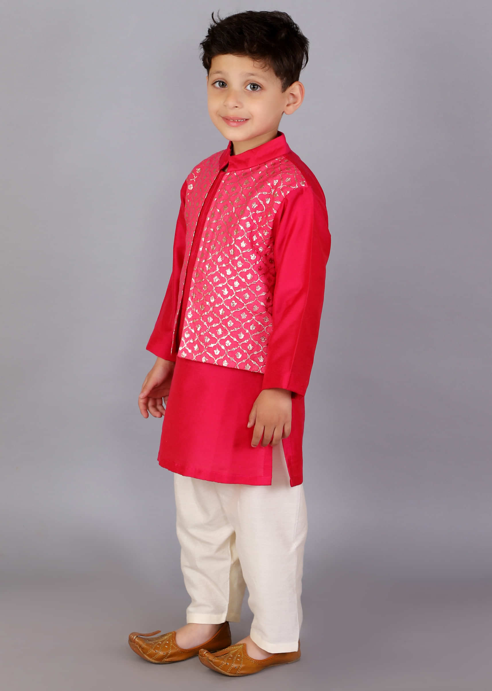 Kalki Boys Fuchsia Pink Kurta Set With Attached Jacket Featuring Zari Weave 